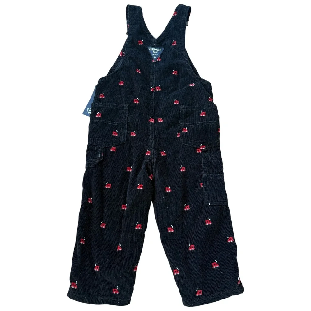NWT OshKosh Bgosh Vestbak Corduroy Train Embroidered Overalls 24M Black